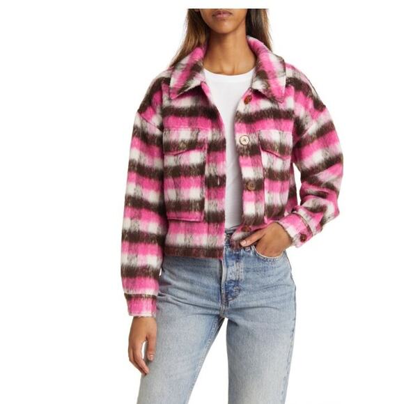Vigoss Plaid Crop Shacket Jacket Pink Multi Women's Size Medium - Picture 2 of 15